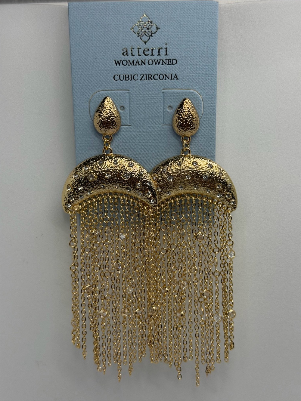 Atterri Gold Crescent Tassel Chain Drop Earrings
